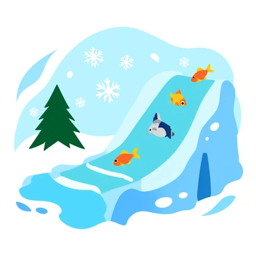 An icy slide with a smooth, glossy surface that fish glide down. The slide is surrounded by sparkling snowflakes and glistening icicles hanging from nearby evergreen trees. In the background, there are softly falling snowflakes creating a whimsical atmosphere. Colorful fish, such as orange goldfish and blue trout, are mid-glide down the slide, their fins splayed out. The overall scene is bright and playful, showcasing the joyful interaction of the fish with their icy surroundings.