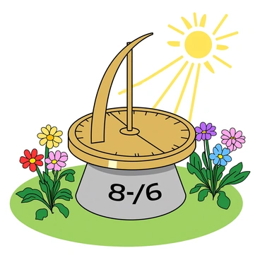 A traditional sundial made of polished brass sits on a stone pedestal in a sunny garden. The sundial features a curved gnomon that extends upward, with the sun shining brightly above it. The shadow cast by the gnomon falls onto the circular base of the sundial. On this base, the fraction "8/6" is clearly highlighted in a bold font, standing out against the engraved markings. Surrounding the sundial, vibrant flowers in various colors bloom, adding a lively touch to the scene, while a gentle breeze rustles the leaves of nearby trees.