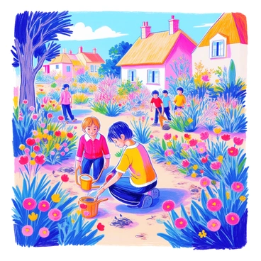A village scene features several people engaged in gardening activities. One person is kneeling by a colorful flower bed, planting bright flowers. Another person is watering plants using a watering can. A third individual is raking soil nearby, and a few children are playing in the background. The garden is full of a variety of flowers and greenery, and there are small pathways winding through the vibrant garden. In the background, quaint houses with thatched roofs are visible. The sky is clear and blue, adding to the lively atmosphere.