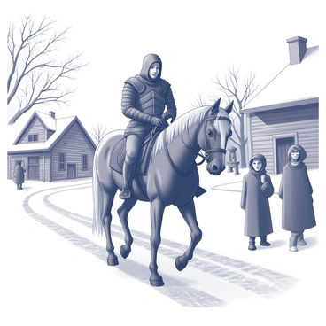 A witcher riding through a snow-covered village on horseback, with villagers watching from a distance