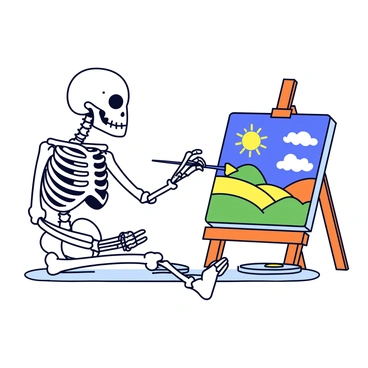 A skeleton sitting at an easel, painting a colorful landscape on a canvas.