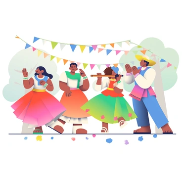 A group of five people is celebrating at a traditional festival. They are wearing vibrant, colorful attire reflecting the cultural heritage. Two women, one with long black hair and the other with curly brown hair, are dancing joyfully, their skirts flowing with their movements. A man with short black hair is playing a wooden flute, while another man, wearing a wide-brimmed hat, is clapping along to the rhythm. In the background, there are colorful banners and decorations strung between trees. The scene is filled with festive energy, and the ground is covered with vibrant flower petals.