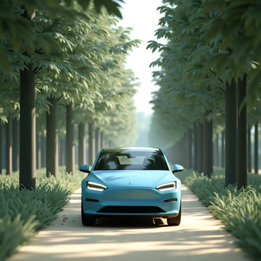 An electric car, sleek and modern, is driving along a narrow forest path surrounded by tall, lush green trees. The sunlight filters through the leaves, creating a pattern of dappled light on the ground. The car is painted in a vibrant metallic blue, with its windows slightly tinted. The path is lined with small plants and fallen leaves, while a few rays of sunlight highlight the contours of the vehicle as it moves silently through the tranquil forest.