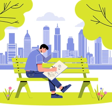 An illustration student sitting on a green park bench, focused on sketching a cityscape. The student has short brown hair and wears a blue shirt and denim jeans. In front of them, a large sketchbook rests on their lap, filled with pencil drawings of tall buildings and busy streets. Surrounding the student, vibrant trees with bright green leaves provide shade, while a few scattered colorful flowers bloom in the grass. In the background, a skyline of varied architecture stretches across the horizon, showcasing both modern skyscrapers and classic buildings. A clear blue sky is above, with a few fluffy white clouds drifting by.