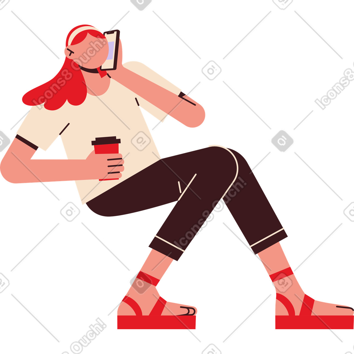 Ilustración Mujer sentada con café y teléfono en estilo Folks a descargar en PNG SVG