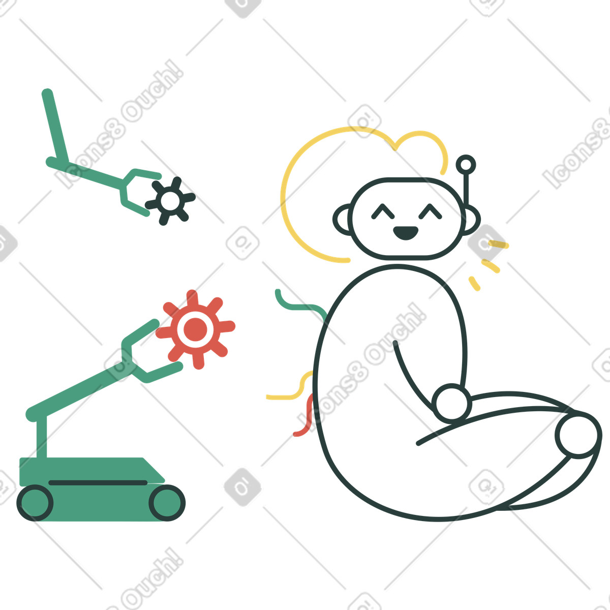 Happy robot going through maintenance illustration in Macaroni style download in PNG, SVG