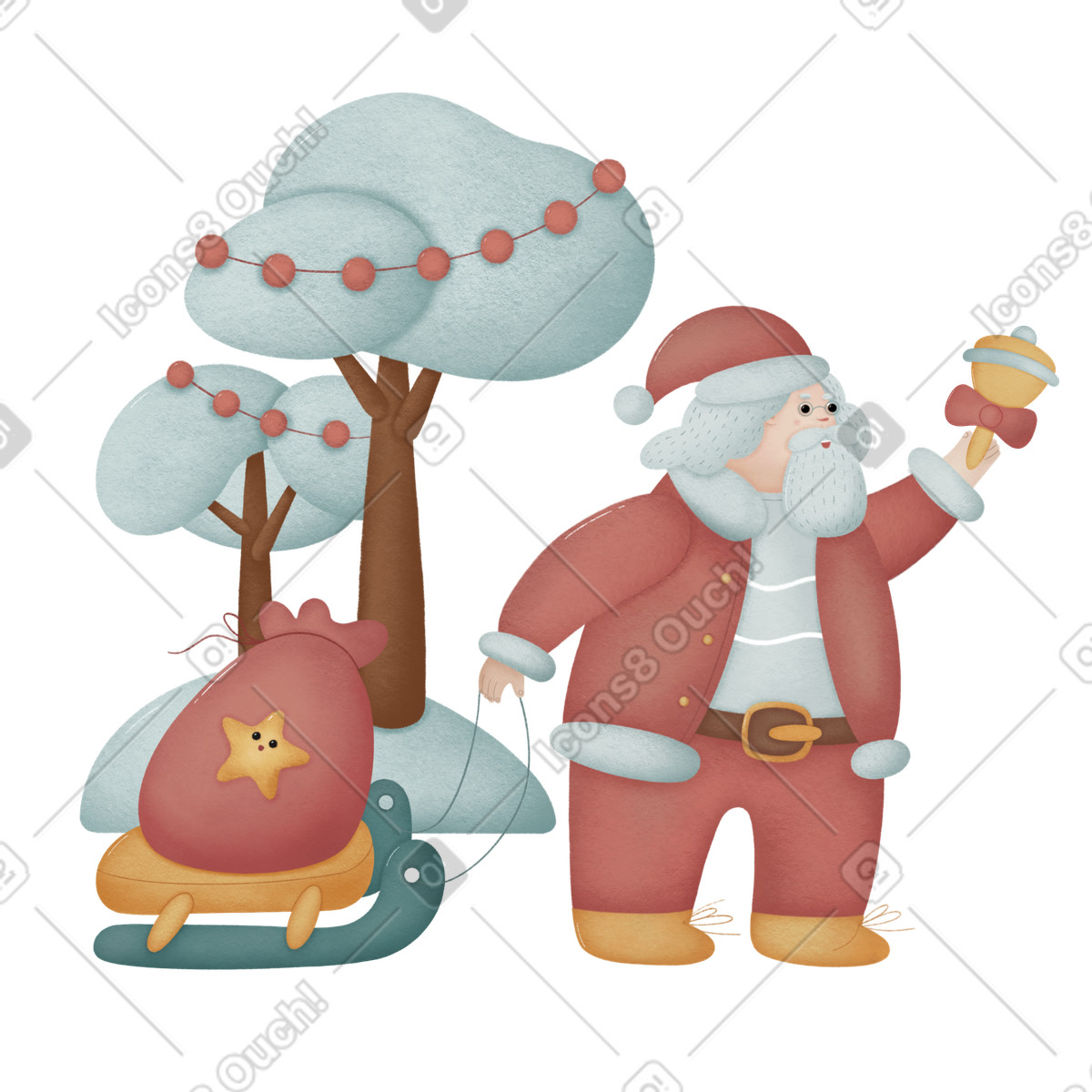 Illustration Santa Claus ringing bell while carrying gift sled, Christmas delivery dans le style Woolly à télécharger aux formats PNG, SVG