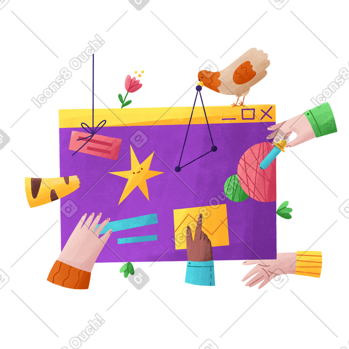 Illustration Fenêtre de navigateur violette, site web conception personnes et d'animaux dans le style Bonbon à télécharger aux formats PNG, SVG