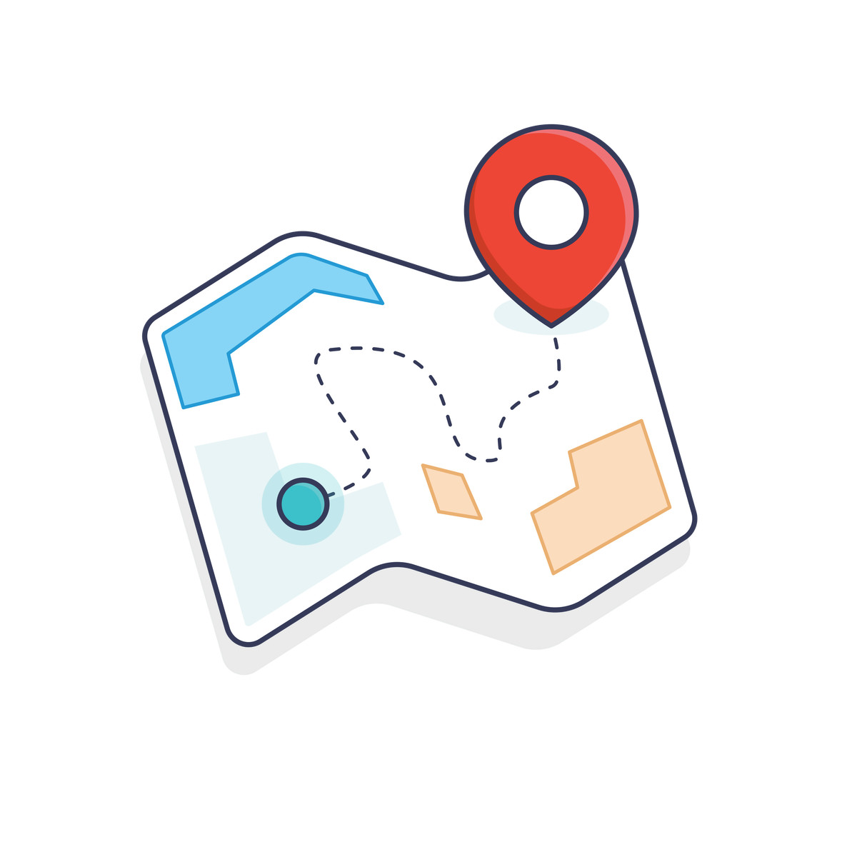 Folded map with route and location pin, geolocation wayfinding concept illustration in Gummy style download in PNG, SVG