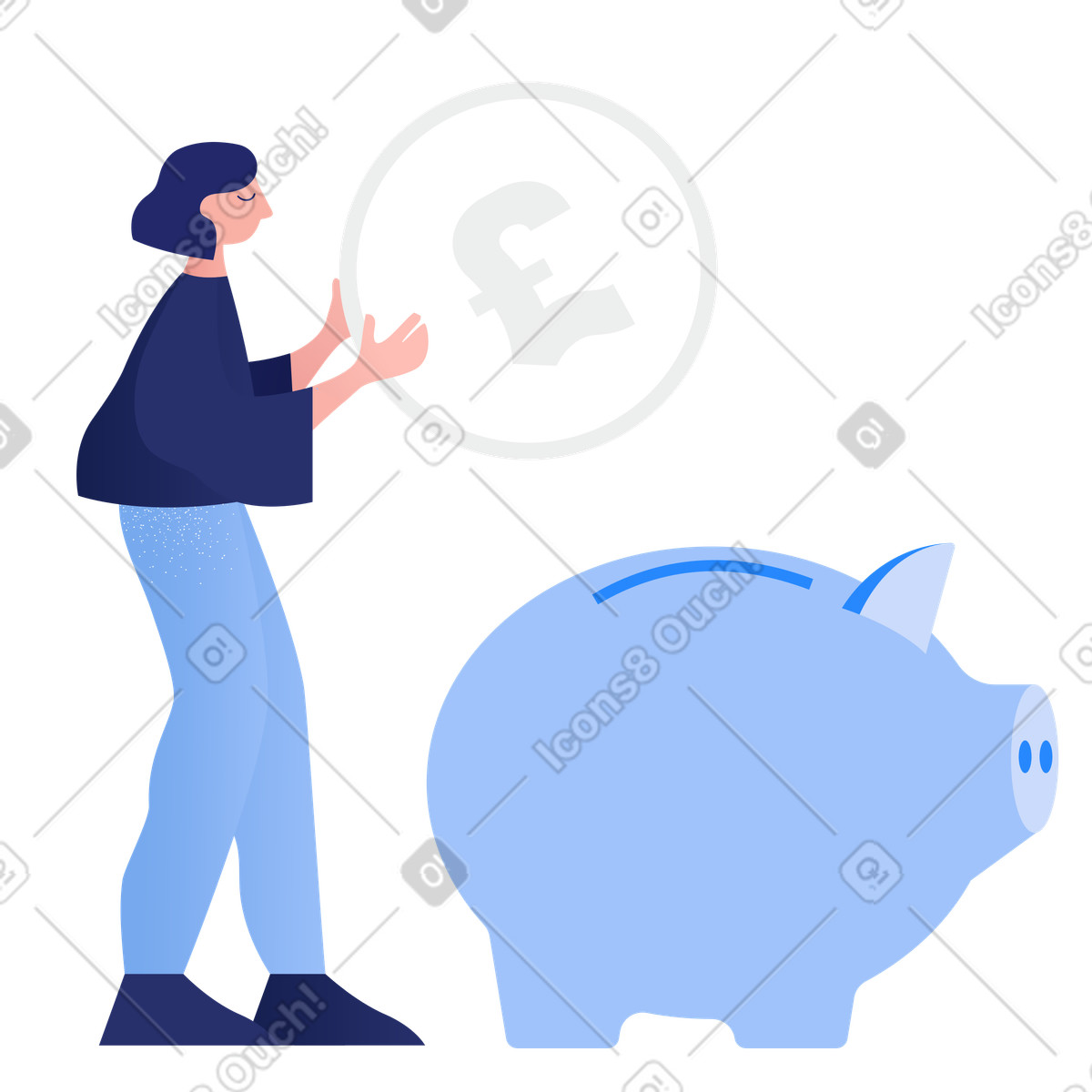 Ilustración Mujer poniendo una moneda de libra esterlina en alcancía estilo Clip a descargar PNG y SVG