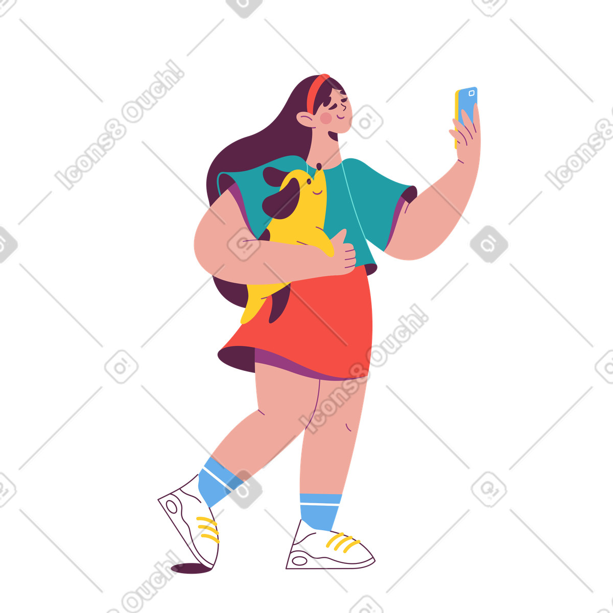 Happy pedestrian taking selfie with puppy, Capturing pet memories or social media sharing illustration in Sammy style download in PNG, SVG