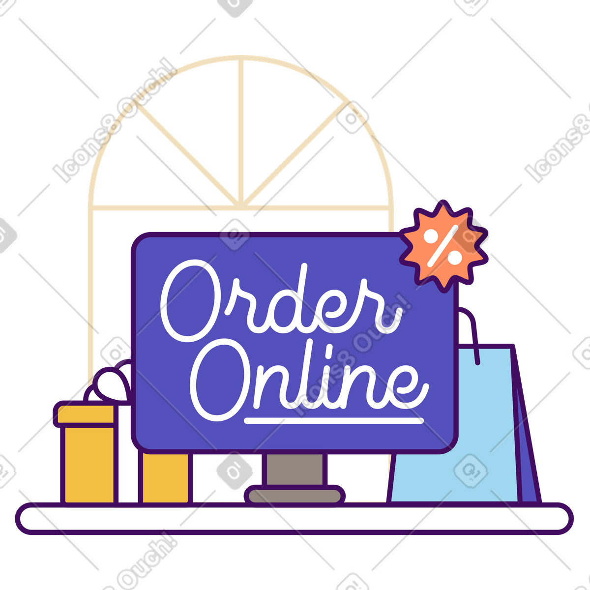 Simplistic 스타일의 Order online promotional message with shopping bag, Digital retail offer 일러스트레이션 PNG, SVG 다운로드
