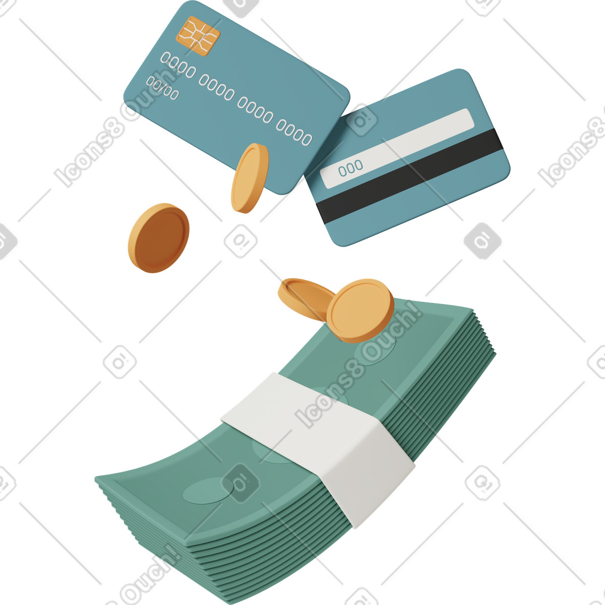 Coins banknotes and credit cards in the air illustration in PNG, SVG