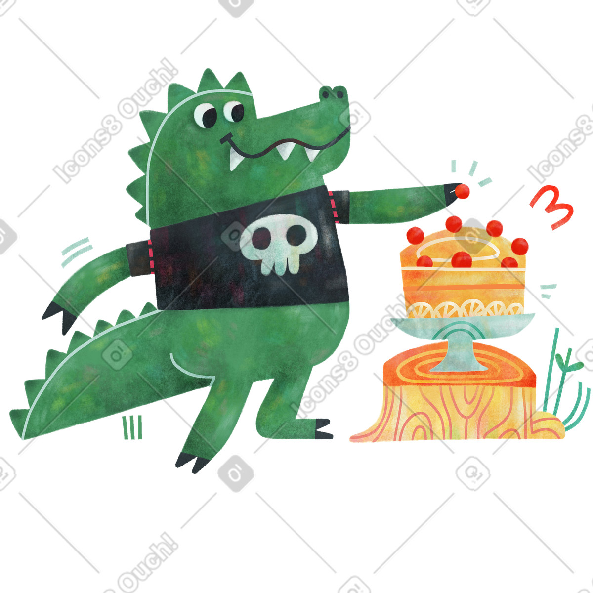 Smiling alligator with cake wearing tshirt illustration in Jungle style download in PNG, SVG