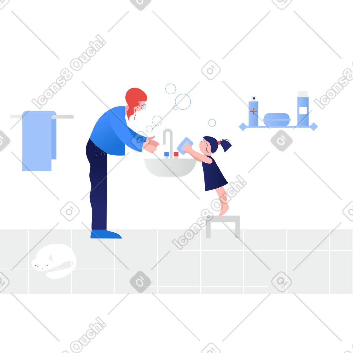 Madre e figlia si lavano le mani illustrazione in stile Clip scarica in PNG, SVG