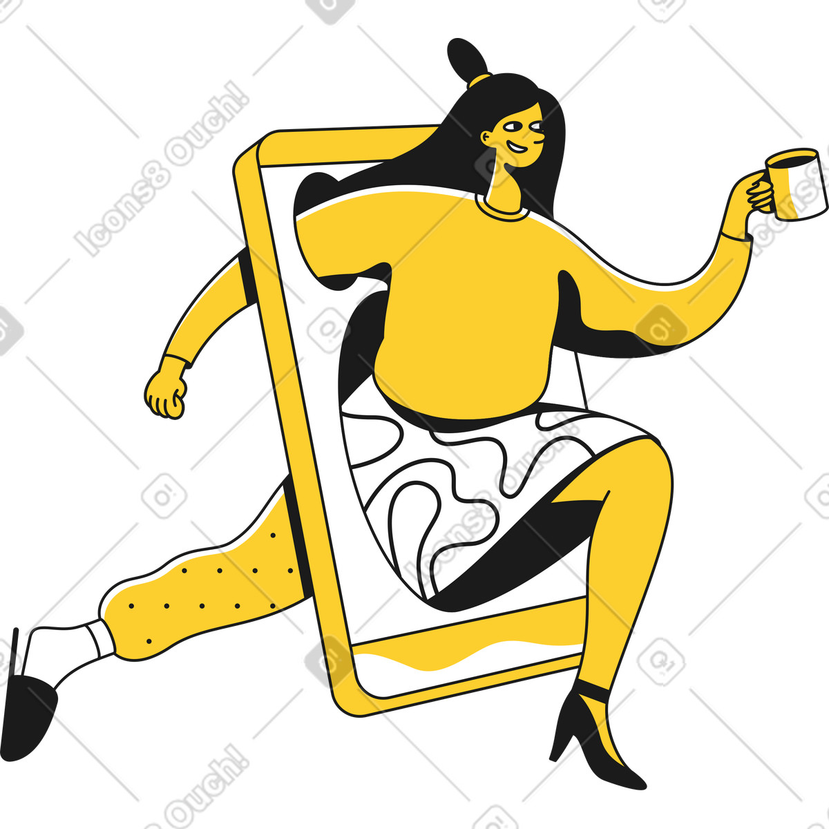 Donna che attraversa lo schermo dello smartphone illustrazione in stile Taxi scarica in PNG, SVG