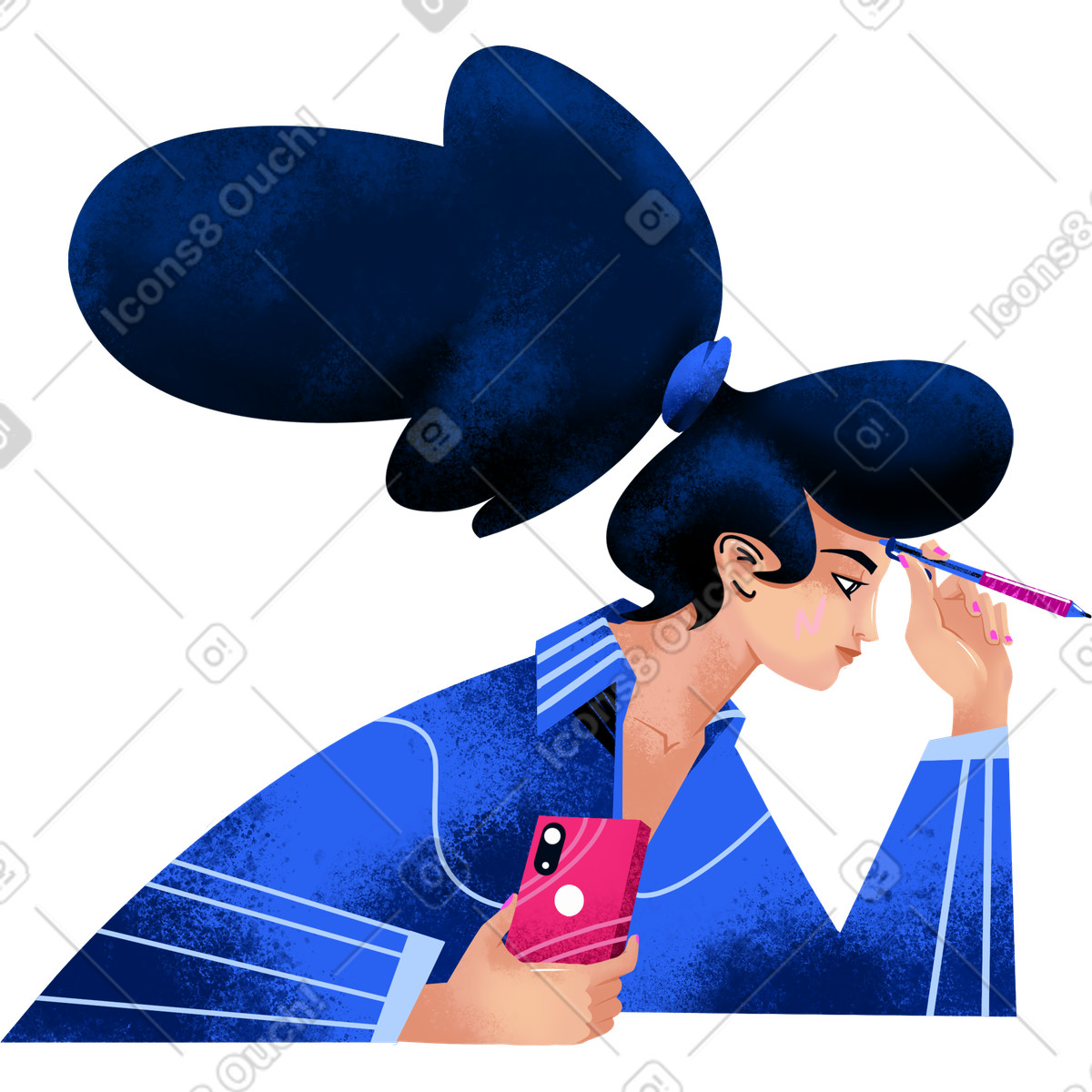 下载 Flare 风格的 Woman in a blue shirt with phone and pen 插画，支持 PNG、SVG 格式