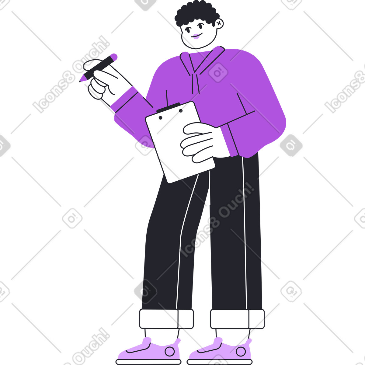 Mann steht und hält ein klemmbrett einen marker-Illustration im Grapy-Stil als Download in PNG, SVG