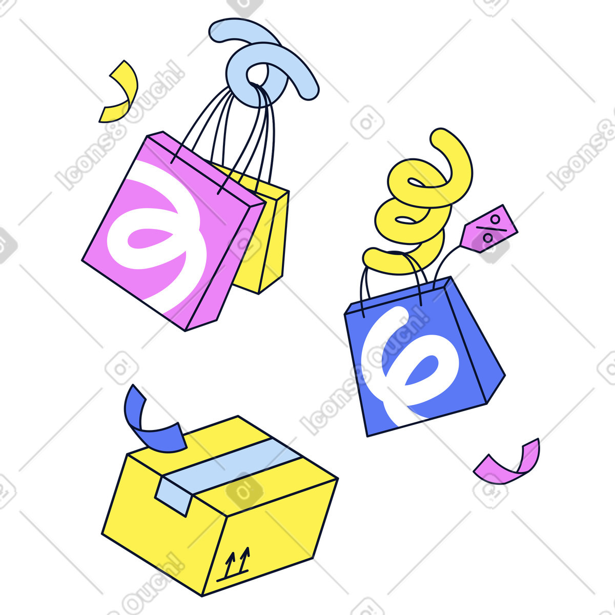 Colorful shopping bags, package box and confetti, Festive or purchase celebration illustration in Flexy style download in PNG, SVG
