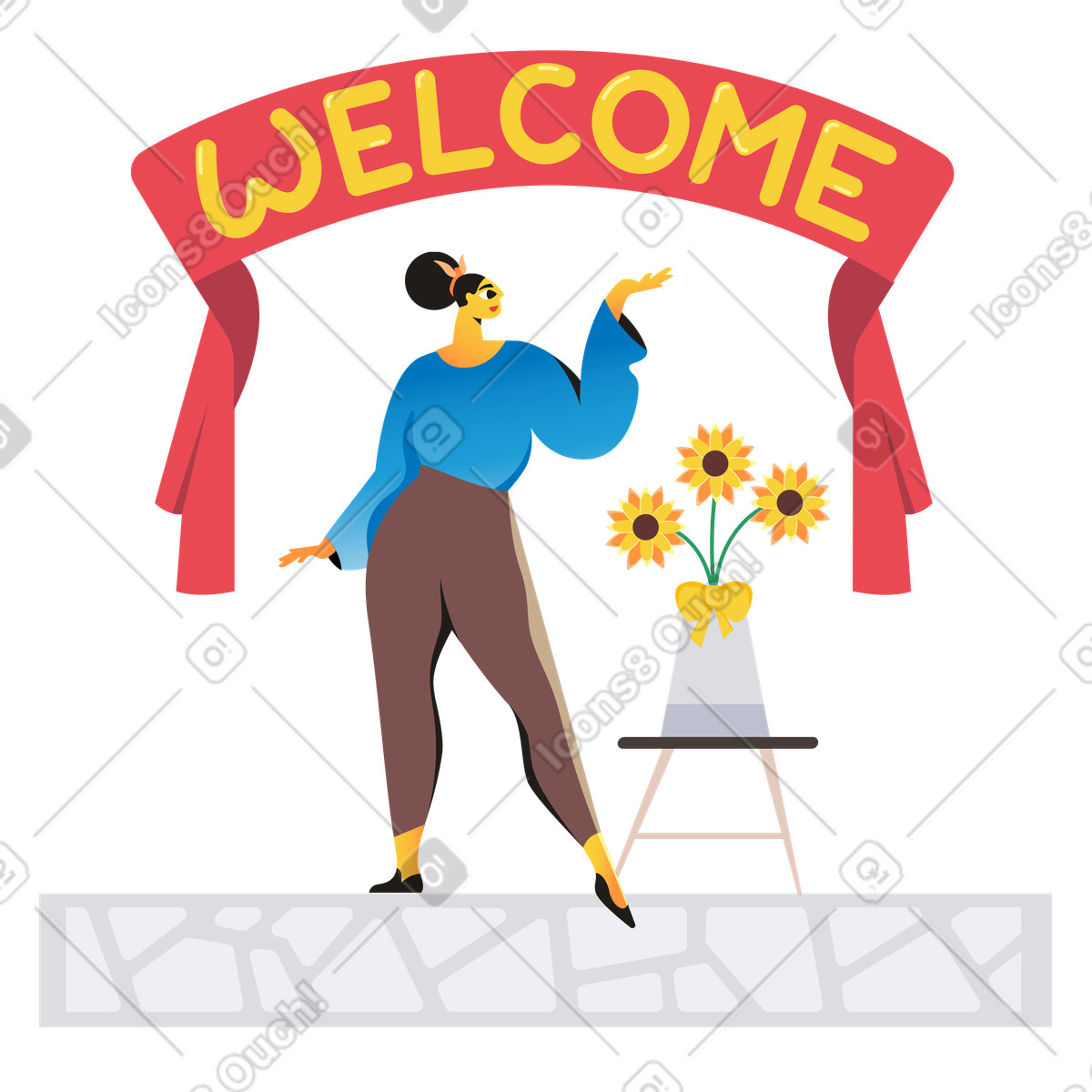 Donna con girasoli sotto il banner di benvenuto illustrazione in stile Jaconda scarica in PNG, SVG