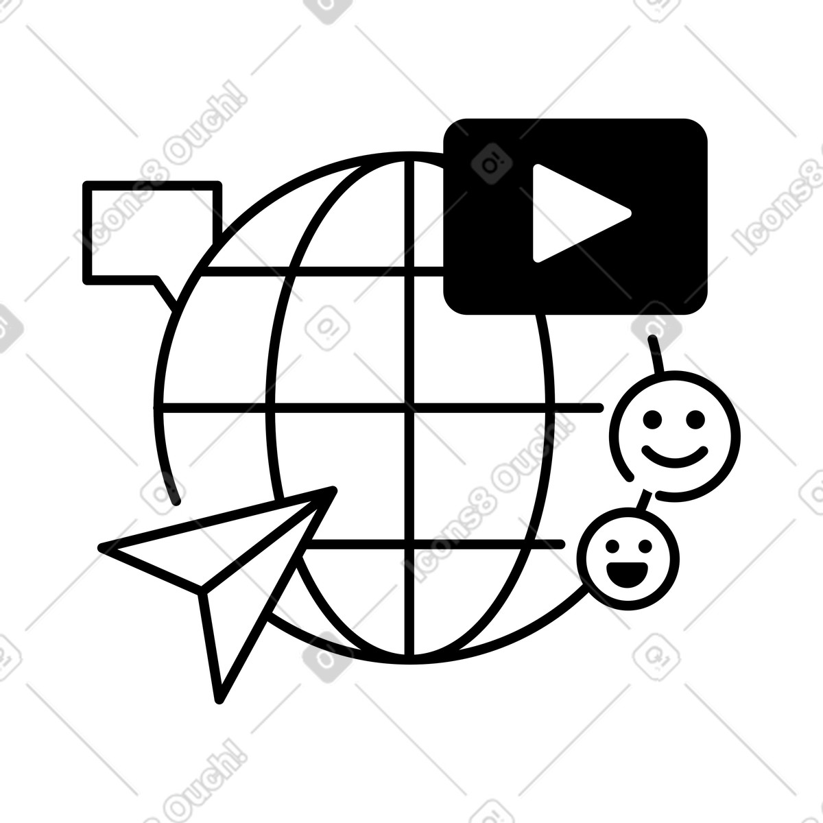 Illustration Globe email paper airplane and chat bubble indicating global communication dans le style Notion Line Art à télécharger aux formats PNG, SVG