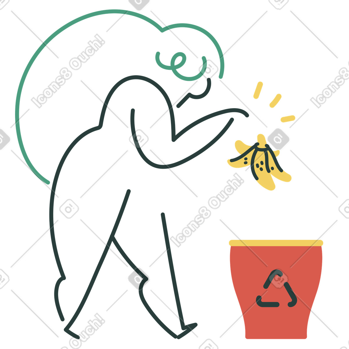Ilustração de Throwing banana peel in recycling bin, Organic waste separation and em no estilo Macaroni para baixar em PNG, SVG