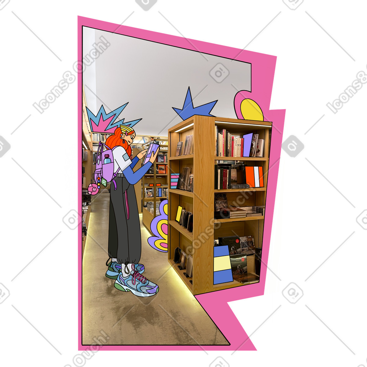 Giovane donna che legge nella biblioteca illustrazione in stile Experimental scarica in PNG, SVG