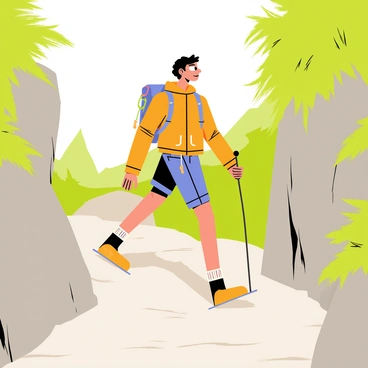 An adventurer hiking a rugged trail surrounded by rocky cliffs and green foliage. The adventurer is wearing a bright orange jacket and sturdy hiking boots. Their backpack is equipped with several colorful carabiners clipped to the straps. They are gazing ahead with determination as they navigate the uneven terrain. Sunlight filters through the trees, casting dappled shadows on the path.