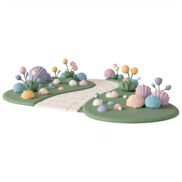 A winding garden path, made of smooth cobblestones, curves gently through a lush green landscape. The path is lined with a vibrant array of different shells in various colors and sizes, including spiraled conchs, flat scallops, and smooth sea glass. Each shell is intricately detailed, showcasing unique patterns and textures, reflecting the sunlight. Flowering plants and shrubs border the path, adding splashes of color with blooming flowers in shades of pink, purple, and yellow. The overall scene conveys a sense of natural beauty and tranquility.