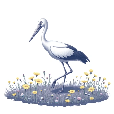 A cigogne, also known as a stork, walking gracefully across a meadow. The stork stands tall on long legs, its white feathers contrasted against the lush green grass. The meadow is dense with an abundance of wildflowers, showcasing a variety of shapes and sizes. The flowers bloom in shades of yellow and other vibrant colors, creating a lively atmosphere. The stork interacts with the environment, occasionally pecking at the ground and surveying its surroundings. The scene captures a serene moment in nature, highlighting the beauty of the meadow.