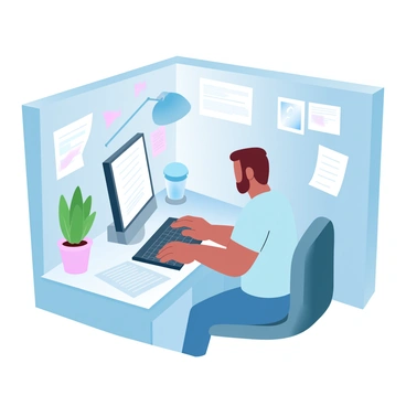 An employee is sitting at a desk in a small, cluttered office cubicle. The person is focused on a computer screen, typing on a keyboard. Papers and stationery items are scattered around the desk, including a stack of documents and a coffee mug. A small potted plant and a few personal items are visible on the desk, adding to the clutter. The walls of the cubicle are partially covered with notes and reminders. A dim desk lamp provides soft lighting in the workspace.