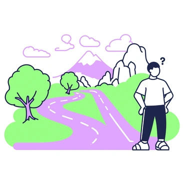 A person is standing at a fork in the road, looking confused. The road ahead splits into two distinct paths. On the left, a winding road with exaggerated twists and turns, surrounded by large, whimsical trees. On the right, a straight path leading to a distant mountain, flanked by oversized boulders. The person has short hair and is wearing a casual outfit, shifting their weight from one foot to the other. Their arms are positioned slightly outward, conveying uncertainty. The sky above is filled with fluffy clouds, adding to the atmosphere of contemplation.