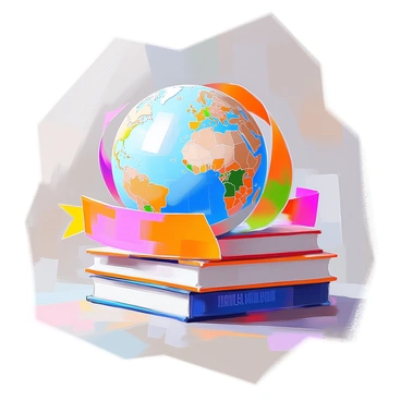 A globe featuring an accurate depiction of continents and oceans is positioned prominently at the center. The globe is wrapped in a vibrant ribbon crafted from opened books stacked upon one another, their pages featuring text and illustrations visible. The ribbon spirals around the globe, symbolizing the theme of global literacy. The colorful covers of the books display various titles in different languages, representing diversity in knowledge and education. A light source highlights the details of the globe and the textures of the book pages, enhancing the overall visual impact.