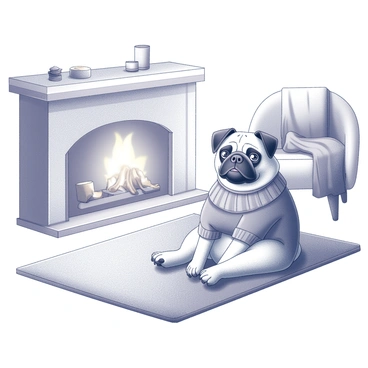 A pug with a round face and expressive eyes is sitting comfortably on a plush rug. The pug is wearing a knitted sweater that is snugly fitted, showcasing a simple pattern. Beside the pug is a fireplace with a warm, inviting glow, casting soft shadows across the room. The fire is crackling gently, and there are logs arranged neatly within the fireplace. On the mantel, there are a few decorative items, enhancing the cozy atmosphere. A throw blanket is draped over a nearby chair, adding to the warmth of the scene.
