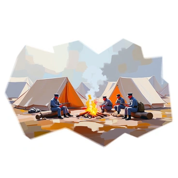 A Confederate army camp scene featuring several canvas tents arranged in a circular formation, with a few campfires smoldering nearby. The tents are made of a brown fabric, blending naturally with the ground. Soldiers in grey uniforms are scattered throughout the camp, some sitting on logs and resting, while others are tending to the fires. A couple of soldiers are engaged in conversation, sharing rations. The atmosphere is filled with a sense of camaraderie and fatigue, as the soldiers take a break from their duties. The setting also includes scattered equipment such as muskets and backpacks.