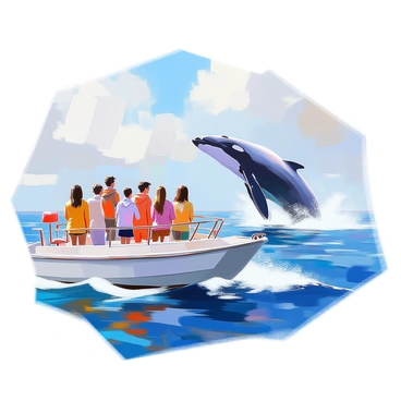 A catamaran is gliding smoothly across a vast expanse of ocean, with several passengers standing at the railing. They are diverse in age and appearance, wearing casual, colorful clothing suitable for a day at sea. Their expressions are filled with awe as they gaze at the water. In the distance, a majestic whale breaches the surface, its massive body arcing gracefully out of the water, droplets cascading around it. The ocean is a deep blue, reflecting the clear sky above, while the catamaran's hull cuts through the gentle waves. The scene captures the excitement and wonder of marine life.