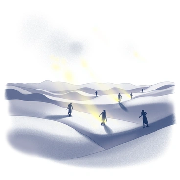 A barren desert landscape stretches out, with fine grains of sand forming undulating dunes. Shadows of "souls" are depicted as ethereal figures, moving aimlessly across the terrain. Above, "fire" falls from the sky in a chaotic manner, with bright streaks illuminating the scene. The atmosphere is heavy with smoke, adding a sense of depth to the visual. The dunes have deep shadows, contrasting with the illuminated areas where the fire touches the ground. The figures appear to be drifting, their forms translucent against the stark desert backdrop.