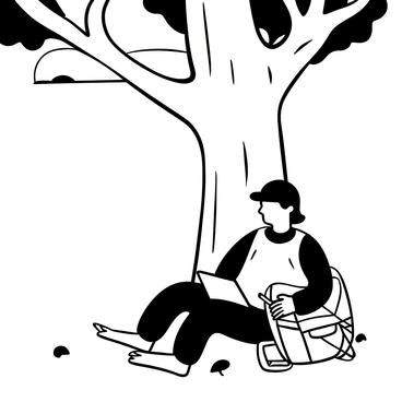 A lone soldier in a uniform sitting on the ground, resting against a large tree trunk. The soldier holds a piece of paper and a pen, focused on writing a letter. A backpack is placed beside him, partially open with visible supplies. The ground is covered with fallen leaves and scattered twigs. The tree has thick, gnarled branches that extend above, creating a natural canopy. A distant view of a slightly rolling landscape is visible through the tree branches.