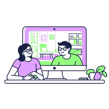 A computer screen is displaying a virtual tour of a home interior. The screen shows a spacious living room with comfortable furniture and decorative elements. A smiling person is sitting in front of the computer, wearing casual attire, and leaning slightly forward in interest. The person's hair is neatly styled, and they are wearing glasses. On the desk beside the computer, there is a notebook and a pen. The background features a cozy room with a bookshelf and a potted plant.