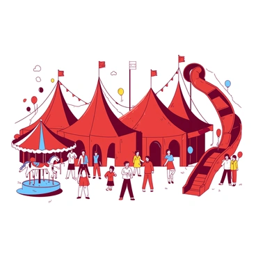 A red carnival scene features vibrant tents of various shapes and sizes scattered throughout. Colorful balloons are tied to some of the tents, while others are floating freely in the air. Groups of people are seen enjoying themselves, with smiles on their faces as they engage in different activities. To the left, a blue carousel spins merrily with brightly painted horses. On the right, a tall, twisting slide attracts excited children, who are eagerly waiting for their turn. The atmosphere is bustling with laughter and joy as attendees immerse themselves in the festivities.