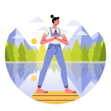 A person wearing a light blue yoga outfit is practicing "namaste" on a wooden dock. The dock extends over a calm mountain lake, reflecting the surrounding green pine forests and towering granite peaks. The sun is rising, casting a warm golden light across the scene. In the background, fluffy white clouds drift lazily in the clear blue sky. The person stands with their feet firmly planted on the dock, hands pressed together at heart level, embodying a peaceful and focused pose.