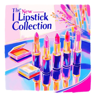 A glamorous advertisement features a collection of lipsticks arranged elegantly on a mirrored surface. Each lipstick tube showcases a unique, vibrant color, glistening under soft lighting. In the background, delicate makeup brushes and a stylish compact are positioned artfully. "New Lipstick Collection" is displayed in bold, elegant typography above the products. A subtle floral arrangement can be seen in the corner, adding a touch of sophistication to the scene.