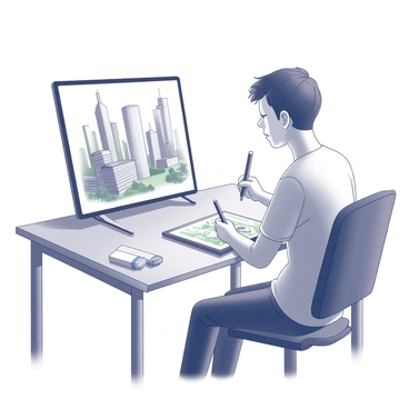 An artist is seated at a modern desk, looking intently at a tablet in front of them. The artist holds a stylus in one hand, and with the other hand, they are guiding the tablet to create a digital painting. On the tablet's screen, intricate designs of a futuristic cityscape are visible, showcasing sleek skyscrapers with geometric shapes, flying vehicles darting between buildings, and green spaces integrated into the urban environment. The workspace is organized, with a few art supplies scattered nearby, and the artist's focused expression conveys a sense of creativity and inspiration.