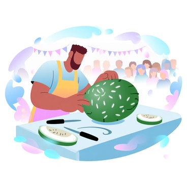 A skilled artist carving intricate designs into a large melon at a festival.