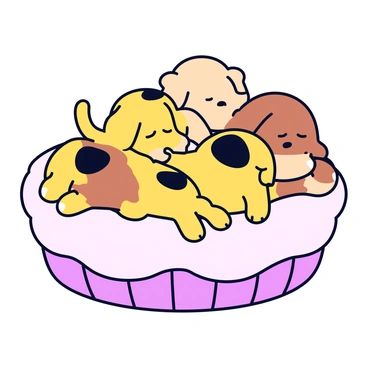 A cozy basket filled with a pile of sleeping puppies. The puppies have different fur colors, including golden, brown, and black spots. They are snuggled together, with some resting their heads on each other. The basket has a soft, fluffy lining that adds to the comfort. The scene is warm and inviting, capturing the peacefulness of the puppies in slumber.