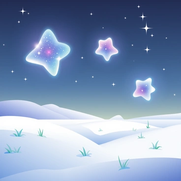 A group of star spren is floating above a vast tundra landscape, their luminescent forms radiating a soft glow. Each spren has a unique shape, shimmering with shades of blue and purple, creating a sparkling effect in the night sky. The tundra below is covered in a blanket of white snow, with patches of frozen grass peeking through. In the distance, there are gently rolling hills that blend into the horizon under a starry sky. The atmosphere is vibrant, illuminated by the ethereal light of the star spren, casting delicate shadows on the cold ground. The scene conveys a sense of wonder and tranquility.