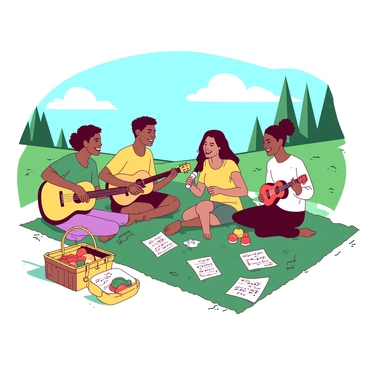 A group of four singers is sitting on a green picnic blanket spread across a wide, open field. Two of the singers are holding yellow acoustic guitars, while another is playing a red ukulele. The fourth singer is holding a microphone, smiling as they engage in a cheerful conversation. Nearby, there are scattered sheets of music fluttering in the light breeze. In the background, there are a few trees and a bright blue sky with fluffy white clouds. A colorful picnic basket sits at one corner of the blanket, partially opened to reveal fruits and snacks.