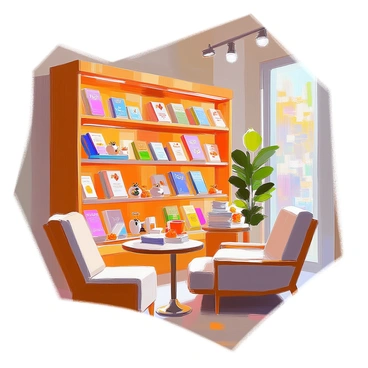 A cozy bookstore with warm wooden shelves filled with a variety of books. In one corner, there is a dedicated section featuring books about bees, displayed prominently with colorful covers. The shelves are adorned with bee-themed decorations, such as small ceramic figures of bees and honeycombs. Soft, ambient lighting creates a welcoming atmosphere, inviting customers to explore the space. A comfortable reading nook is nearby, furnished with plush chairs and small tables where visitors can sit and read.