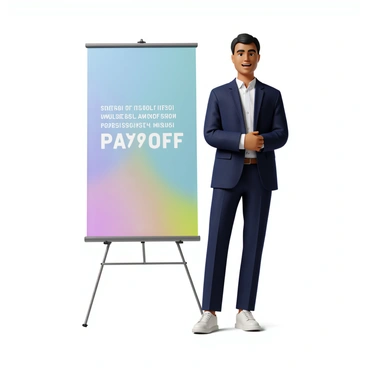 A person with medium skin tone and short black hair stands confidently, wearing a navy blue suit and a crisp white shirt. They have a broad smile on their face, exuding pride and accomplishment. Beside them is a large banner that displays their success story testimonial in bold, clear letters. The banner is colorful, featuring a gradient background with shades of blue and green, and includes a quote that reads, "Hard work pays off." The setting is bright and open, creating a sense of celebration.
