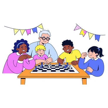 A family gathered around a chessboard on a wooden table. The chessboard has black and white squares with intricately designed pieces in contrasting colors. The family consists of four members: a father with glasses, a mother with curly hair, a young boy with short hair, and a teenage girl with a ponytail. Each member is engaged in the game, with the father leaning forward, the mother smiling, the boy looking thoughtful, and the girl pointing at a piece. The background includes colorful decorations and a cozy atmosphere indicative of a holiday reunion.